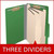 Open moss green legal size top tab classification folder with three manila dividers, 2-inch bonded fasteners on the covers, and 1-inch fasteners on each divider