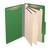 Open moss green legal size top tab classification folder with three manila dividers, 2-inch bonded fasteners on the front and back panels, and 1-inch fasteners on each divider