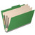 Angled view of a moss green legal size top tab classification folder with three manila dividers and 3-inch gray Tyvek expansion