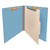 Blue end tab classification folder opened to show one manila divider, 2 inch gray Tyvek expansion, and fasteners on the inside front, inside back, and divider.