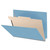 Angled view of blue end tab classification folder showing one manila divider, gray reinforced expansion, and internal fastener layout.