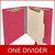 End Tab Classification Folders with 1 Divider, Letter Size, Red, 18pt. Stock, 2" Expansion, 10/Box, One Divider Callout