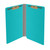 Open light blue legal-size end tab pressboard fastener folder with two bonded fasteners