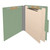 Open green letter size pressboard top tab classification folder with two dividers and metal fasteners