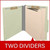 Gray/green 2-divider top tab classification folder shown open with manila dividers and metal fasteners; graphic reads “Two Dividers.”