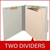 Gray 2-divider top tab classification folder shown open with manila dividers and metal fasteners; graphic reads “Two Dividers.”