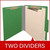 Moss green 2-divider top tab classification folder shown open with manila dividers and metal fasteners; graphic reads “Two Dividers.