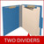 Royal blue 2-divider top tab classification folder shown open with manila dividers and metal fasteners; graphic reads “Two Dividers.”