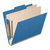 Royal blue top tab classification folder shown open from an angled view with two manila dividers and metal fasteners.