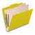 Yellow top tab classification folder shown open from an angled view with two manila dividers and metal fasteners.