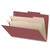 Open dark red legal-size classification folder showing two tabbed internal dividers
