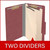 Open dark red legal-size classification folder showing two internal dividers and document fasteners