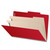 Open deep red legal-size classification folder showing two tabbed manila dividers