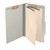 Open grey legal-size classification folder with two manila dividers and metal fasteners