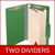 Open moss green legal-size classification folder showing two internal dividers and document fasteners