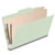 Open pale green legal-size classification folder with two manila dividers and metal fasteners