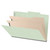 Open pale green legal-size classification folder with two manila dividers and metal fasteners