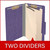 Open purple legal-size classification folder showing two internal dividers and document fasteners
