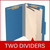 Open royal blue legal-size classification folder showing two internal dividers and document fasteners
