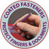 Close-up of a hand lifting a coated fastener prong on a red classification folder.