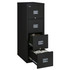 Black FireKing Patriot 4P1825-C fireproof file cabinet with two drawers open and filled with hanging files