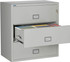 Gray Phoenix 3-Drawer Lateral File Cabinet, 38 inches wide, 1-hour fireproof protection, showing letter-size files in side-by-side and front-to-back configurations