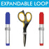 Expandable metal spring loop pen holders gripping markers and scissors of different sizes