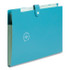Teal expandable folder with snap-button closure and tabs, showcasing its side expansion and eco-friendly materials logo.