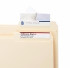 File folder with a 2-inch by 3.5-inch Mylar label protector securely covering a business card-sized label, demonstrating the protector’s clear and durable shielding of the label on the folder tab.