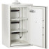 BSS6002 safe with door open showing three adjustable vented shelves and built-in power strips for charging lithium-ion batteries.