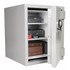 FireKing KF2722-1WHE open safe – angled view with shelves holding binders, lockboxes, and personal valuables