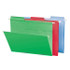 Assorted Smead FasTab hanging file folders in red, green, and blue with built-in tabs and white hanging rods.