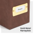 Close-up of gold metal nameplate on Smead Saddle Brown vegan-leather file box