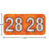 Holographic year label “28”, Orange, 3/4 x 1-1/2 in, wrap-around, center-slit, white digits, laminated.