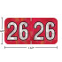 Holographic year label “26”, Red, 3/4 x 1-1/2 in, wrap-around, center-slit, white digits, laminated.
