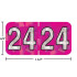 Holographic year label “24”, Fuchsia, 3/4 x 1-1/2 in, wrap-around, center-slit, white digits, laminated.