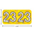 Holographic year label “23”, Yellow, 3/4 x 1-1/2 in, wrap-around, center-slit, white digits, laminated.