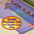 File drawer of lavender folders with color-coded labels and a badge reading “Single Position Tab for Straight-Line Filing.”
