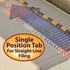 File drawer with gray end-tab folders arranged in straight lines, labeled with color-coded alphabet labels