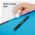 Hand erasing writing from a blue tab on a Smead 12-pocket project organizer showing reusable write-and-erase tabs