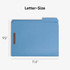 Diagram of a blue letter-size fastener folder measuring 11.6 inches wide by 9.5 inches high.