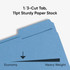 Close-up of a blue folder tab with text “1/3-cut tab, 11 pt sturdy paper stock” and a scale indicating heavier weight.