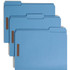Three blue letter-size Smead fastener file folders with reinforced 1/3-cut top tabs and brown prong fasteners.