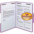 Open lavender fastener folder holding printed documents, with a badge reading Tab Reinforced to Last Longer.
