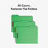 Group of three green Smead fastener file folders with text indicating a 50-count box of letter-size folders.