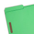 Top corner of green Smead 17140 legal-size fastener folder showing the reinforced 1/3-cut tab and front fastener.