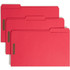 Three red Smead 17740 legal size fastener file folders stacked and staggered to show assorted 1/3-cut top tab positions and front fasteners.