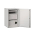 FireShield Edge Hybrid configuration fire-rated storage cabinet in platinum finish, door open, showing a pull-out tray, center drawer, and lower safe compartment with keypad lock.