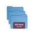 Three blue letter-size file folders with 1/3-cut tabs displayed in front of a label reading 100 Pack