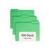 Three green letter-size file folders with standard 1-ply 1/3-cut tabs displayed in front of a label reading 100 Pack